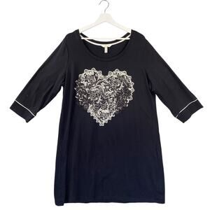Soma Embraceable Black Pajama Shirt, White Lace Heart, Nightgown Cotton Modal